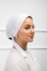 Front Support Ribbon Bonnet in white with smooth fit and ribbon detail from Velda Store