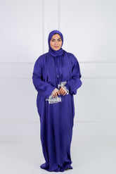 Satin prayer veil Royal Blue long sleeves with lace trim | Velda Store