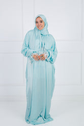 Satin prayer veil Baby Blue  long sleeves with lace trim | Velda Store