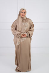 Satin prayer veil Beige  long sleeves with lace trim | Velda Store