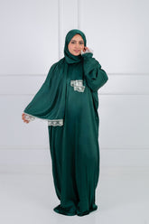 Satin prayer veil  Dark Green  long sleeves with lace trim | Velda Store