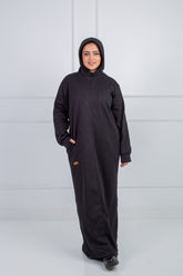 Sweater dress black - cozy hooded winter dress with pockets