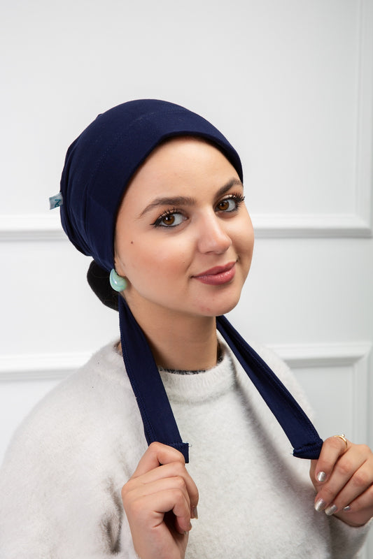 Front Support Ribbon Bonnet in navy  with smooth fit and ribbon detail from Velda Store