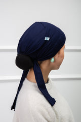 Front Support Ribbon Bonnet with in navy smooth fit and ribbon detail from Velda Store