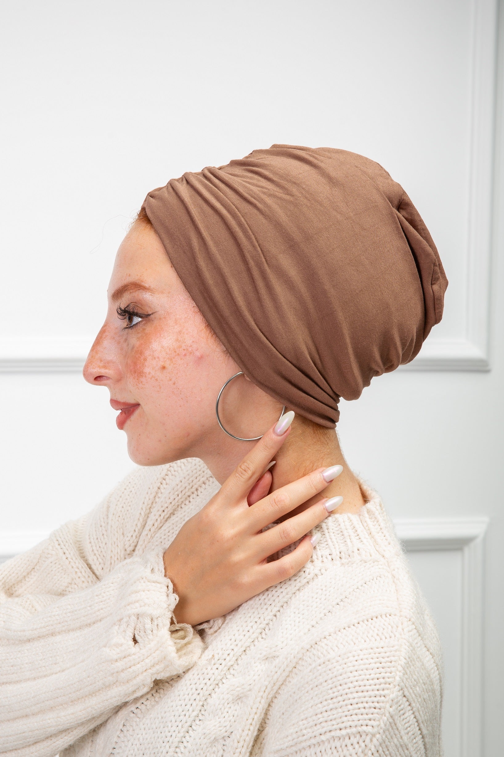Brown  Cotton Two Pieces Turban with soft stretchy fabric from Velda Store