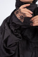 Satin prayer veil black - long sleeves with lace trim