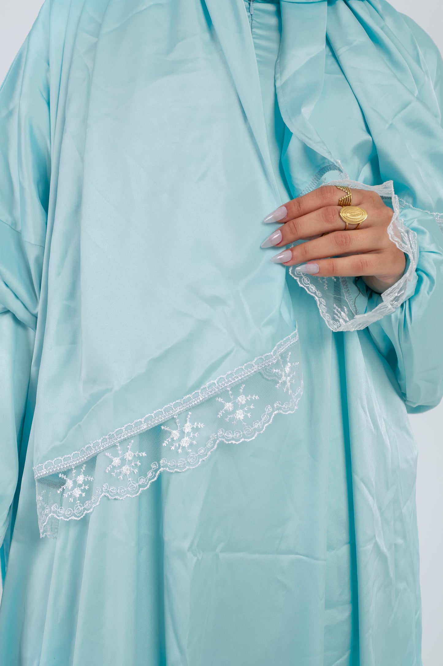 Satin prayer veil Baby Blue  long sleeves with lace trim | Velda Store