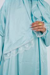 Satin prayer veil Baby Blue  long sleeves with lace trim | Velda Store