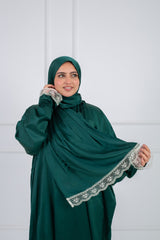 Satin prayer veil  Dark Green  long sleeves with lace trim 