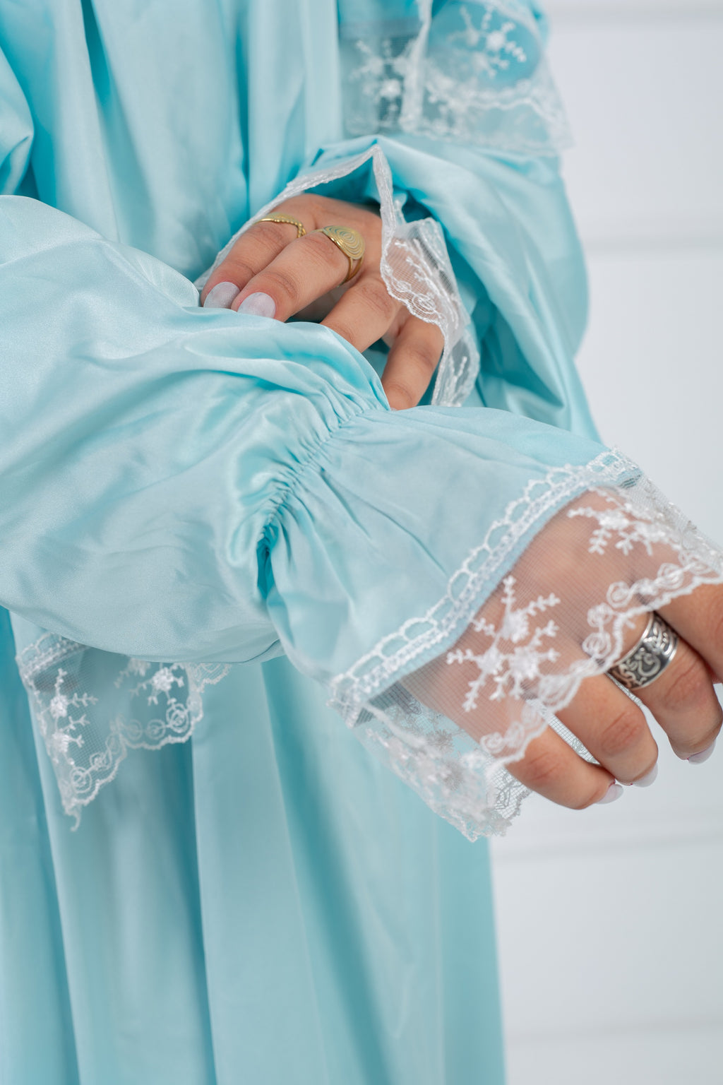 Satin prayer veil Baby Blue  long sleeves with lace trim | Velda Store