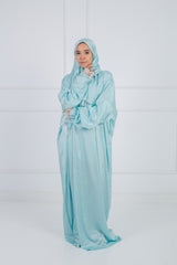 Satin prayer veil Baby Blue  long sleeves with lace trim | Velda Store