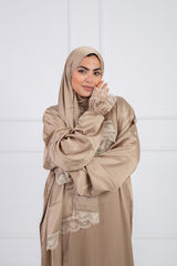 Satin prayer veil Beige  long sleeves with lace trim 