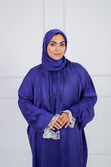 Satin prayer veil Royal Blue long sleeves with lace trim | Velda Store
