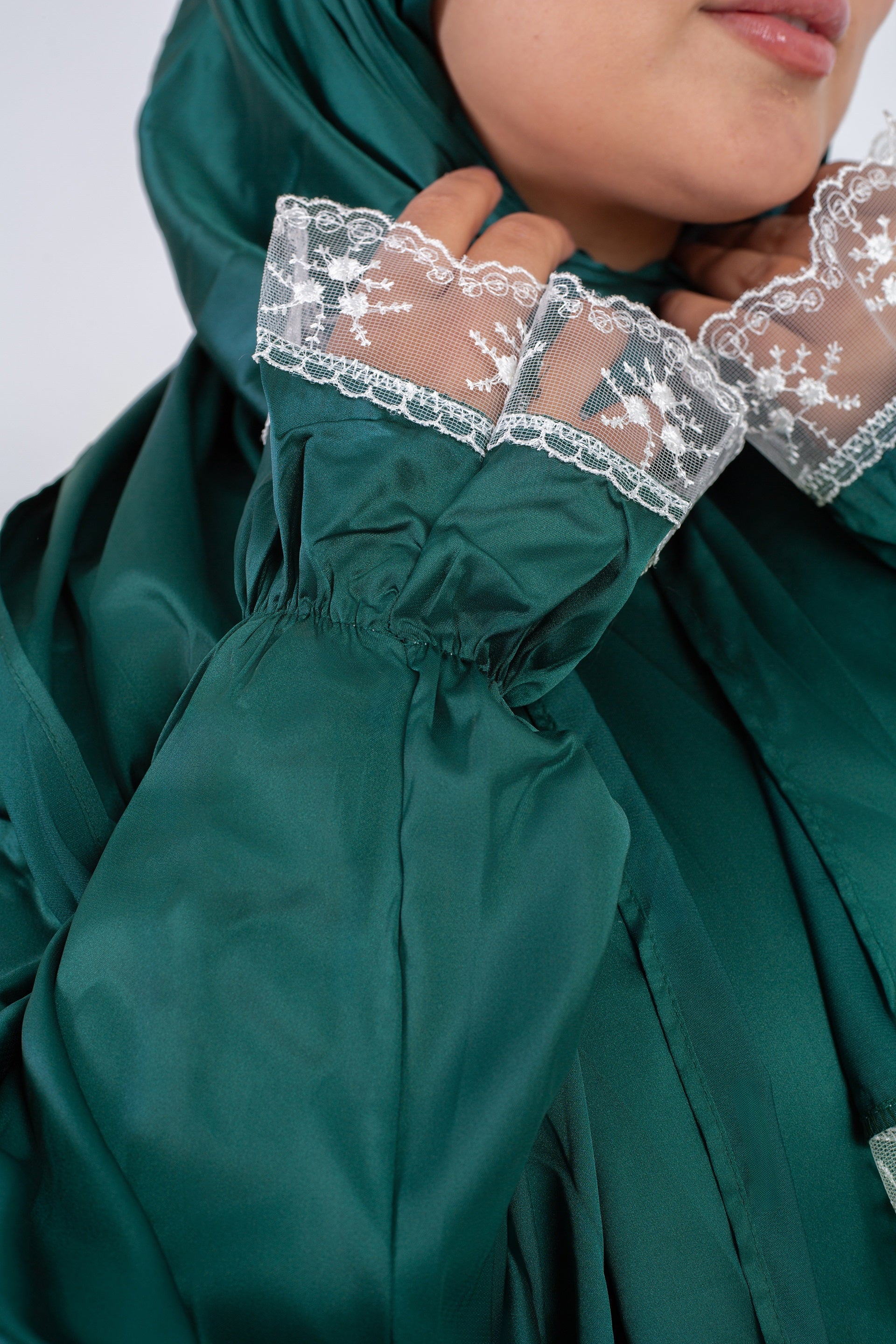 Satin prayer veil  Dark Green  long sleeves with lace trim 