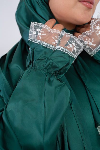 Satin prayer veil  Dark Green  long sleeves with lace trim 