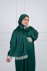Satin prayer veil  Dark Green  long sleeves with lace trim 