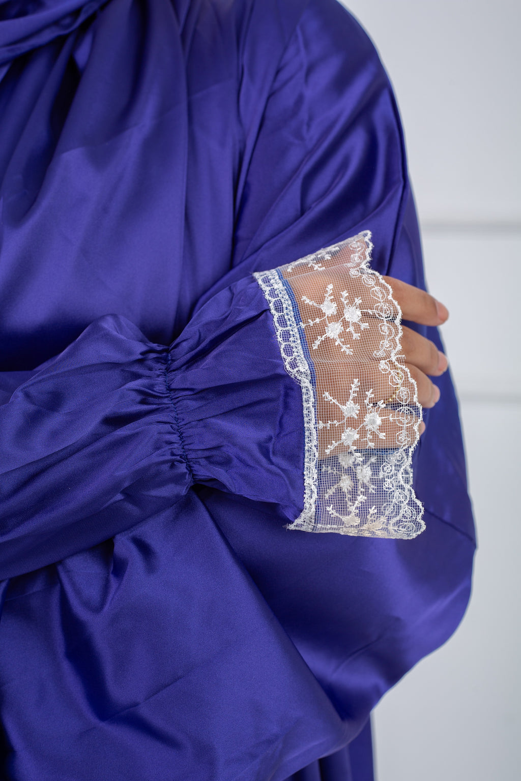 Satin prayer veil Royal Blue long sleeves with lace trim | Velda Store
