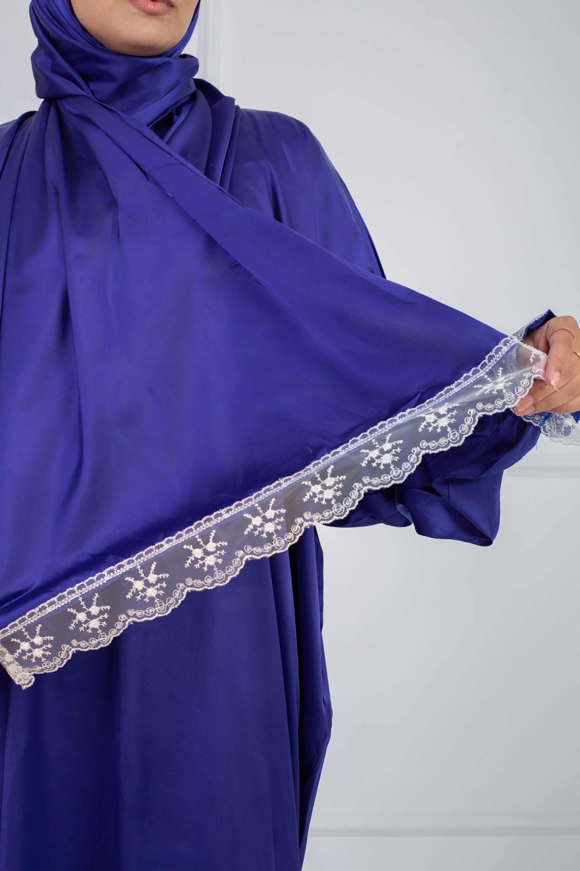 Satin prayer veil Royal Blue long sleeves with lace trim | Velda Store