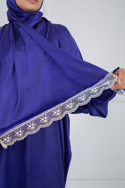 Satin prayer veil Royal Blue long sleeves with lace trim | Velda Store