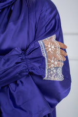 Satin prayer veil Royal Blue long sleeves with lace trim | Velda Store