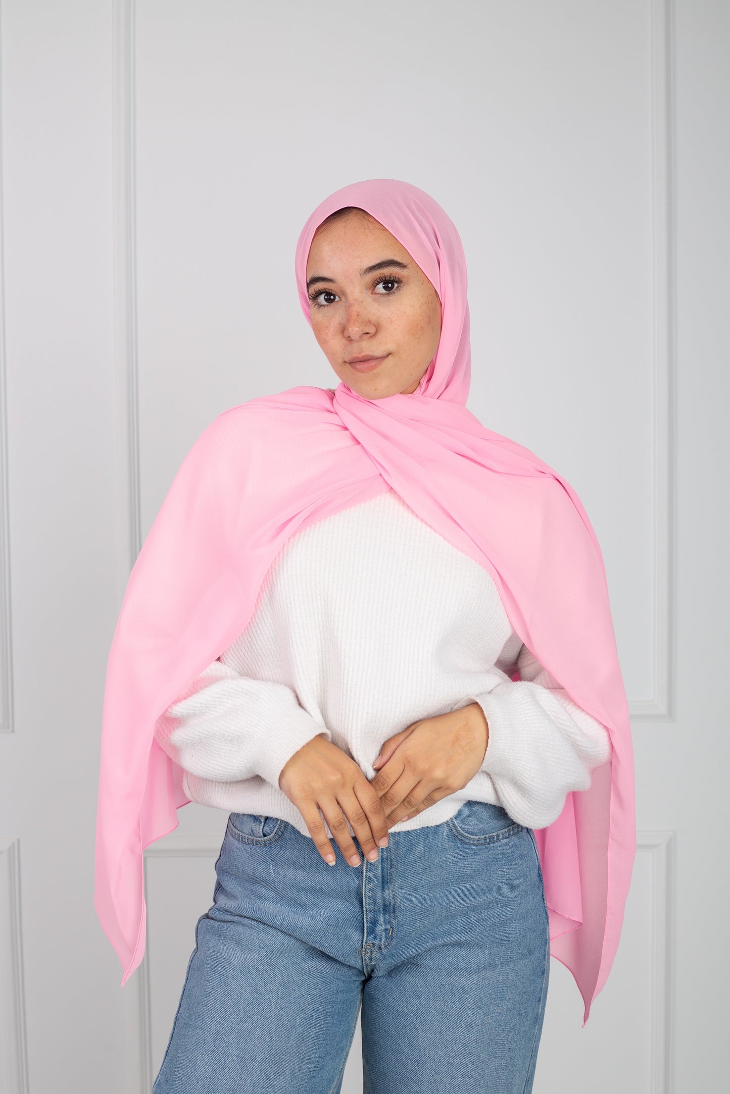 Soft Touch Chiffon Scarf in Baby Pink
lightweight fabric 