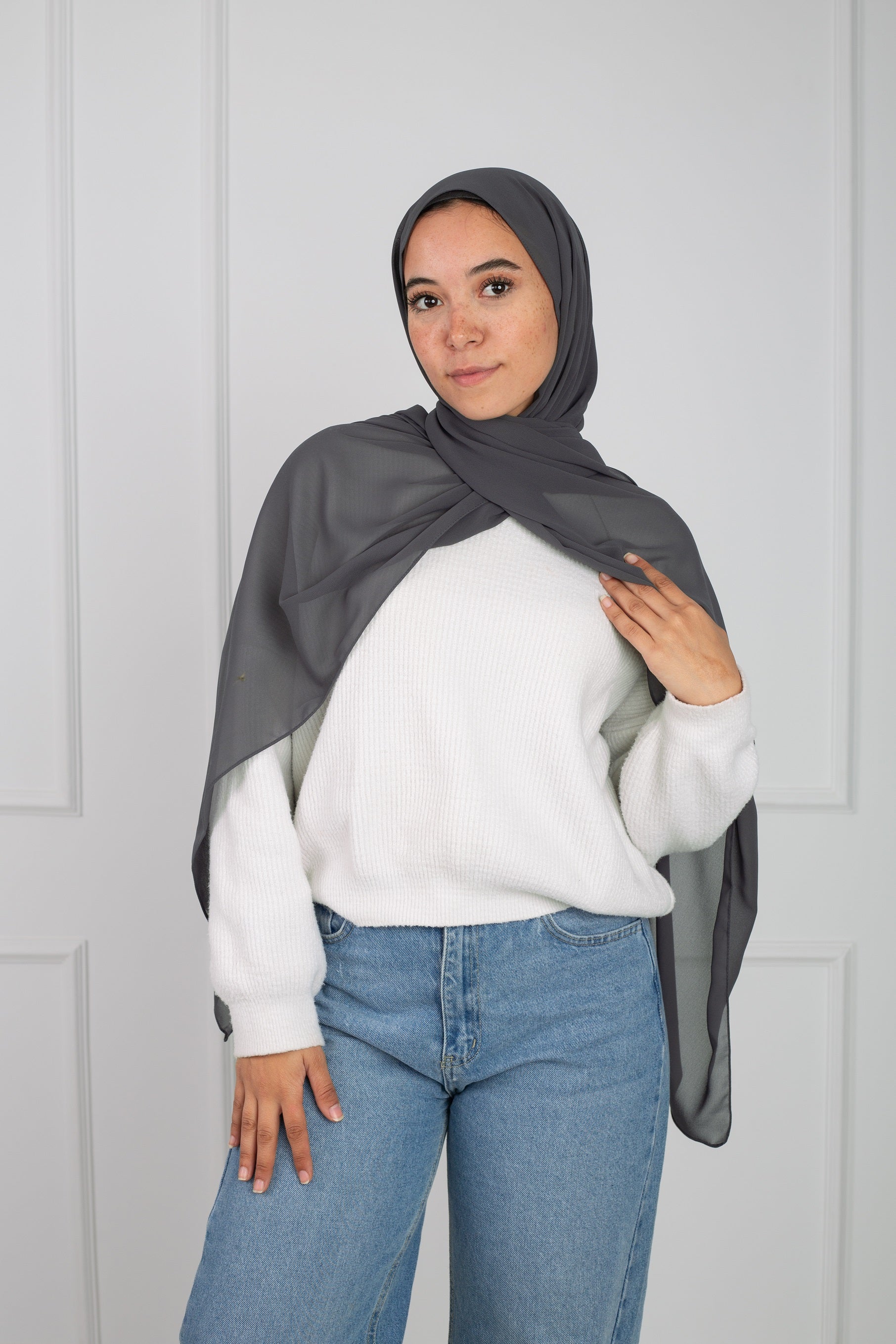 Soft Touch Chiffon Scarf in Dark Gray
lightweight fabric 