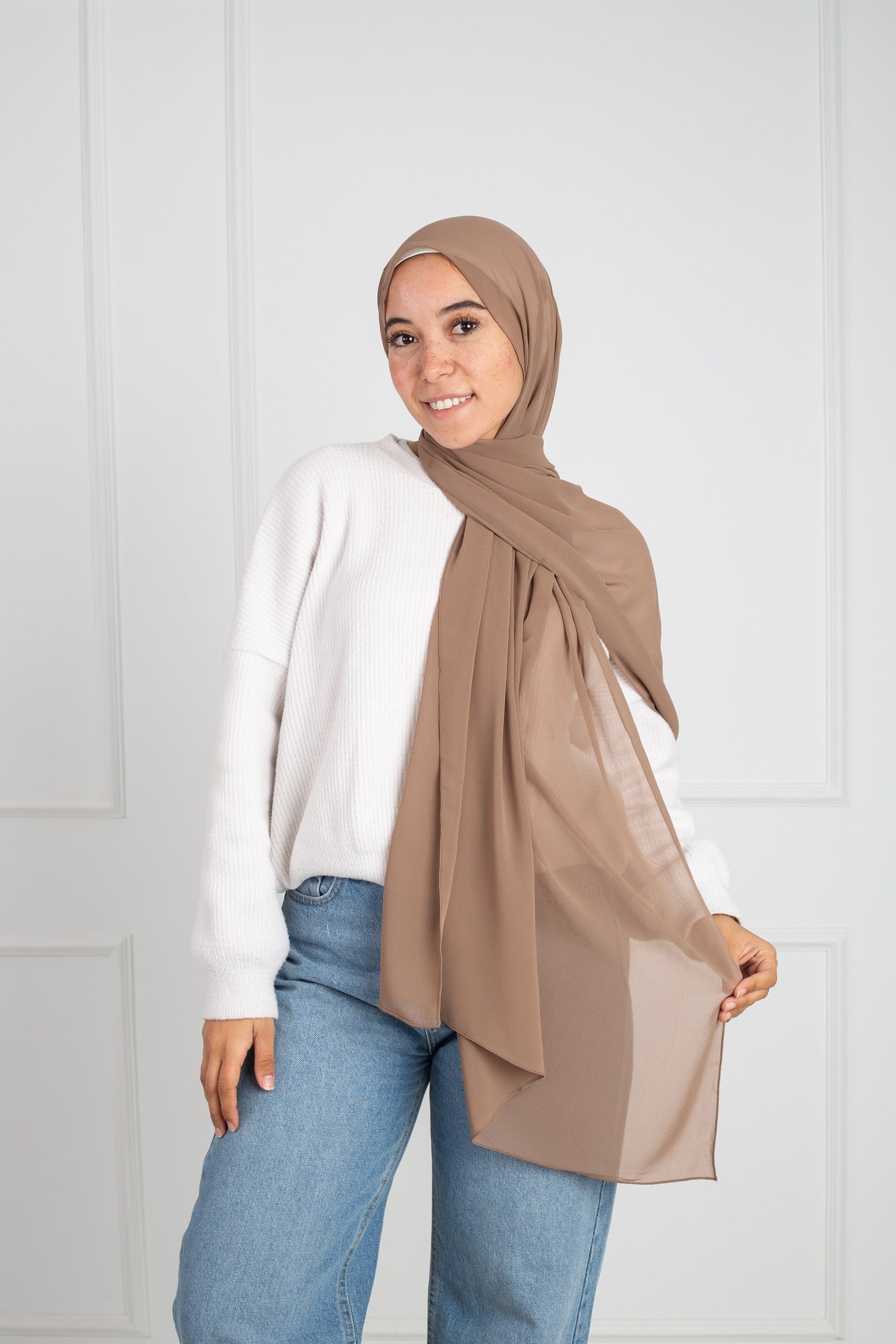 Soft Touch Chiffon Scarf in Taupe Beige lightweight fabric 