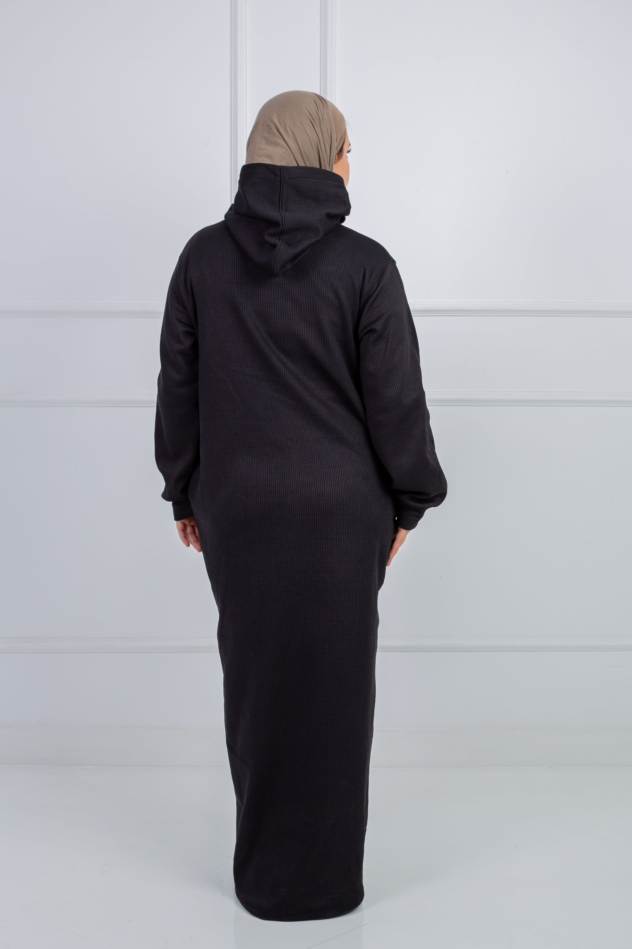Sweater dress black - cozy hooded winter dress with pockets