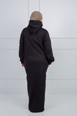 Sweater dress black - cozy hooded winter dress with pockets