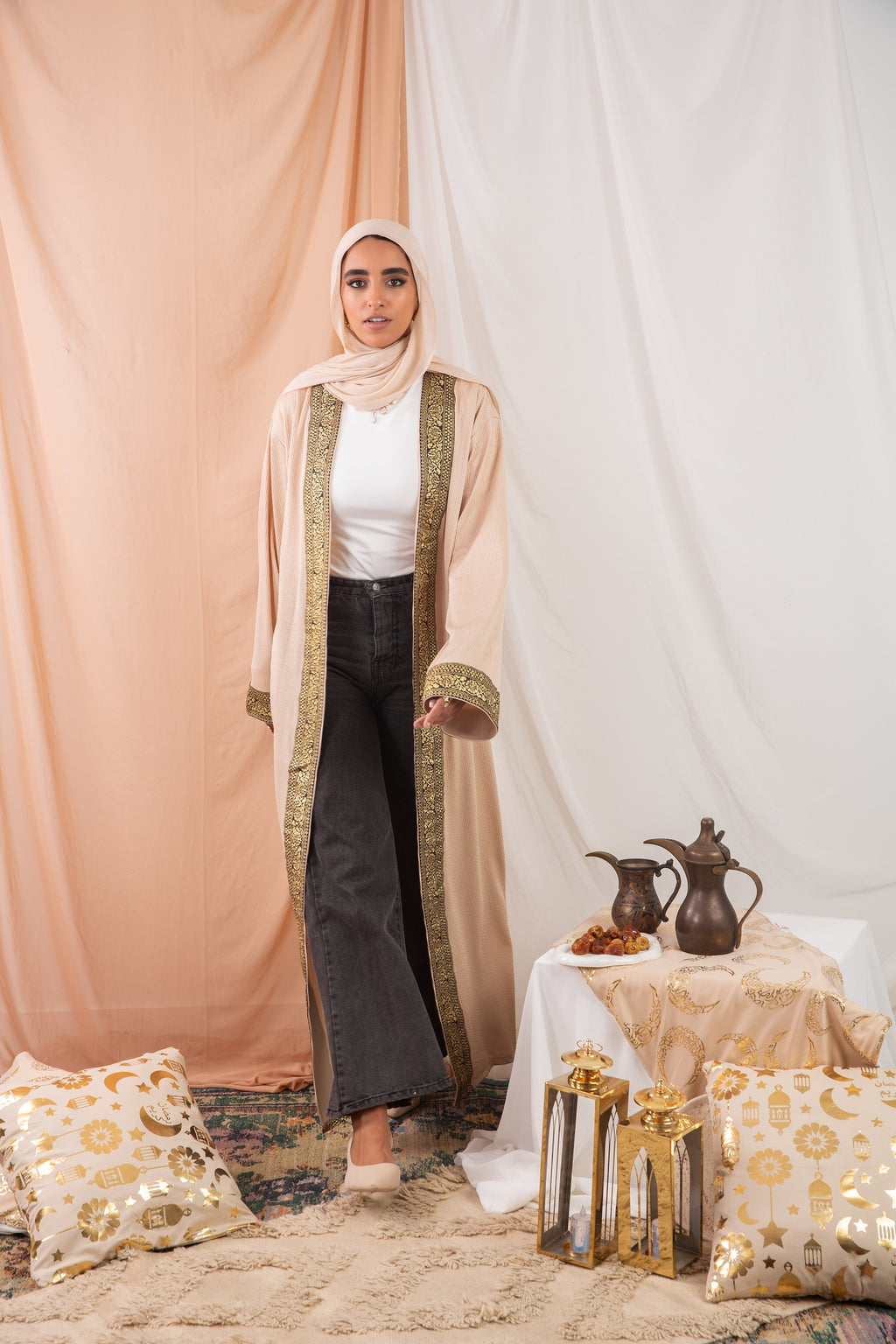 Zekra_Kaftan Dark Beige crafted from crinkle rib-knitted fabric, offers a blend of texture and elegance for a timeless look