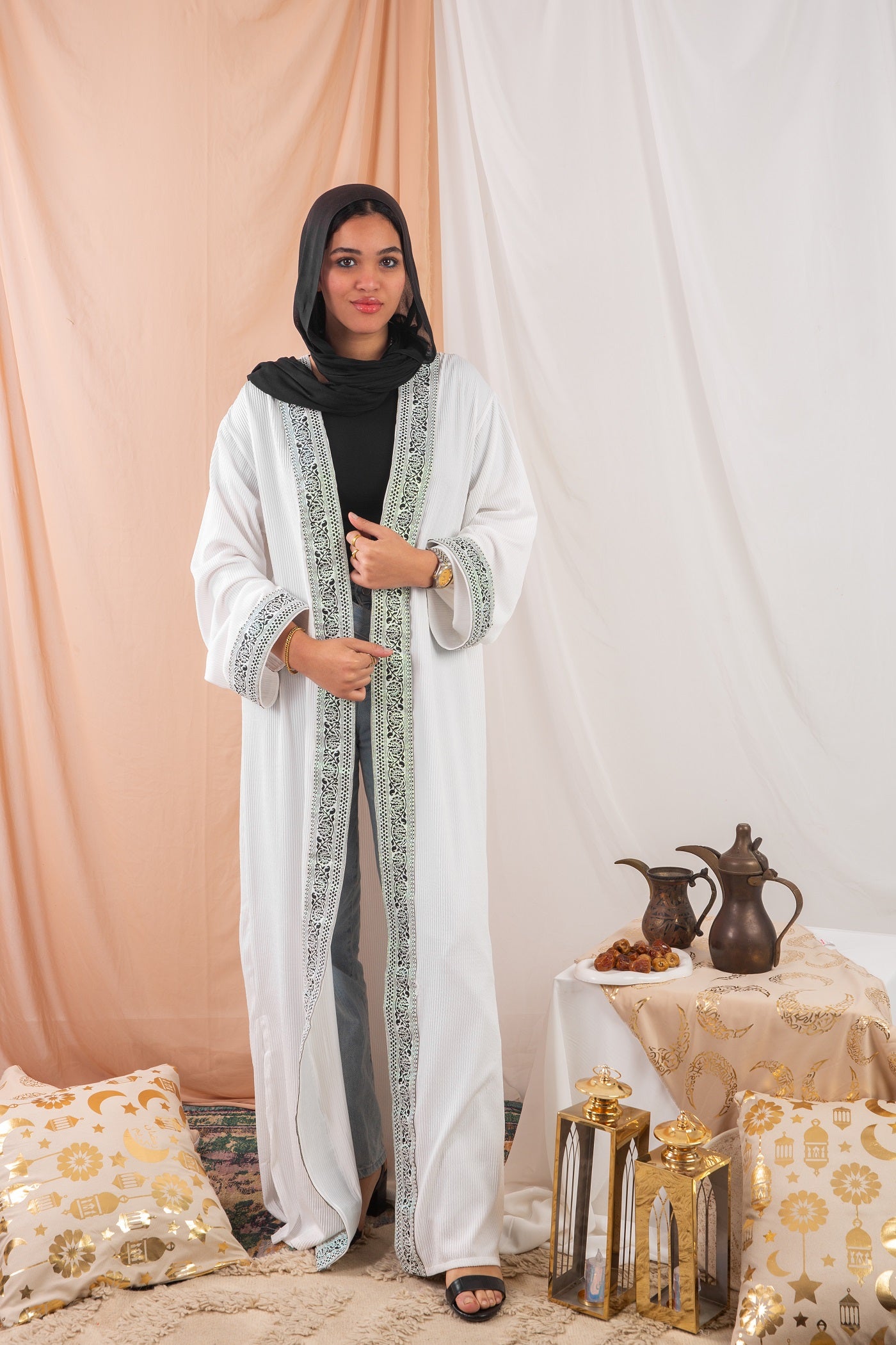 Zekra_Kaftan_White crafted from crinkle rib-knitted fabric, offers a blend of texture and elegance for a timeless look